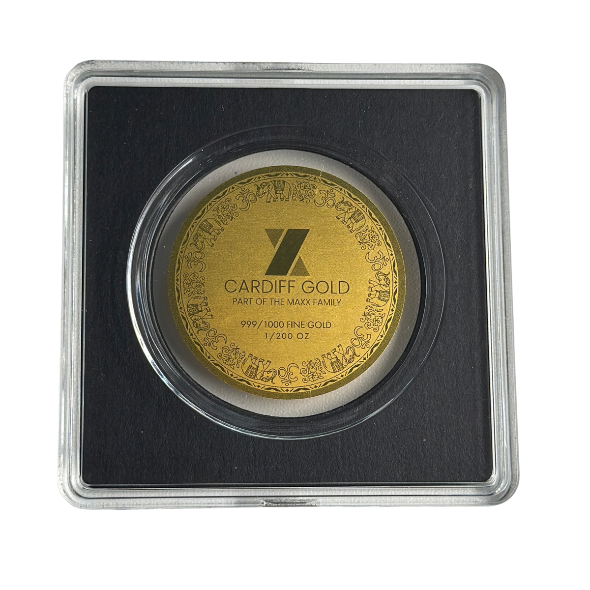 Reverse of the Cardiff Gold Lakshmi Ganesh gold coin in its capsule