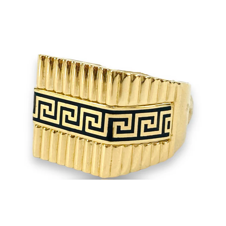 14ct Gold Black Enamel Greek Key Motif Ring Size U.5 Approx 8.2g Preowned