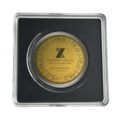Reverse of the Cardiff Gold Lakshmi Ganesh gold coin in its capsule