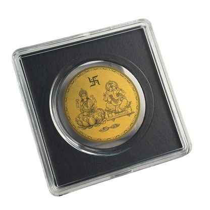 Lakshmi and Ganesh gold coin front, sealed in a clear capsule