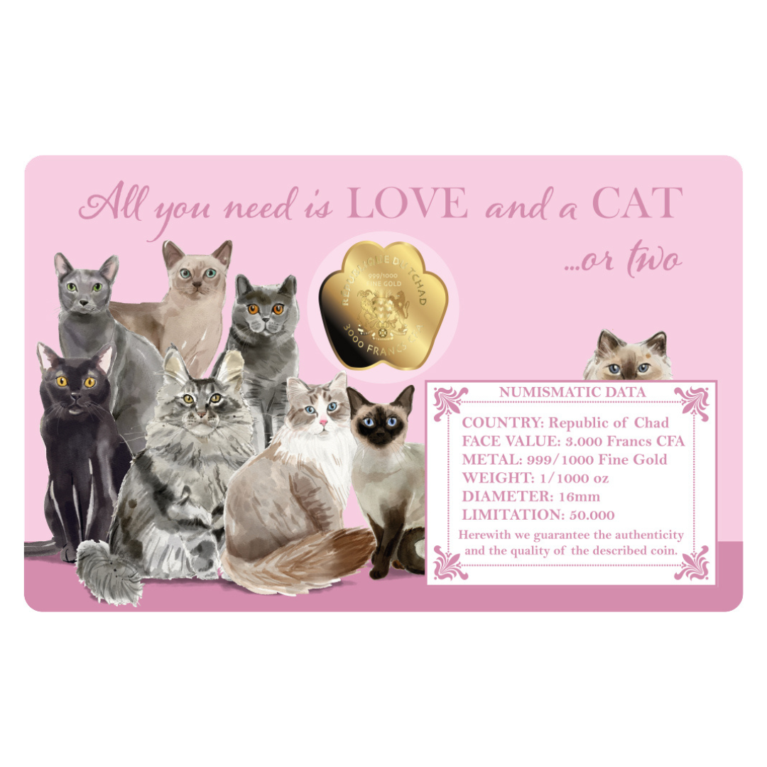 Cats Coin Card - 999/1000 1/1000oz  Gold Gift Preowned