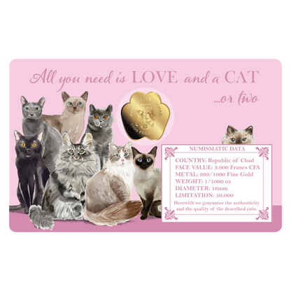 Cats Coin Card - 999/1000 1/1000oz  Gold Gift Preowned