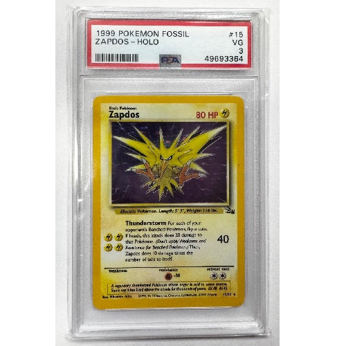 1999 Base Set Fossil Zapdos Holofoil 15/62 PSA 3 (VG) Preowned