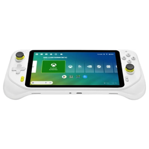 Handheld gaming console with a screen displaying a user interface on a white background